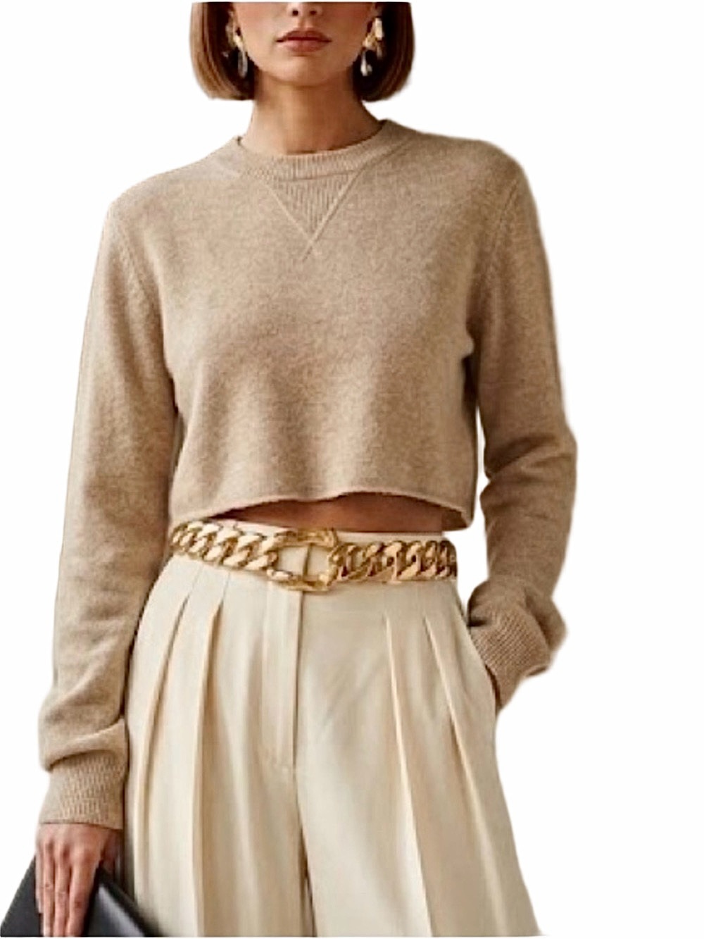 Zara cropped boxy tan brown long sleeve drop shoulder pullover sweater top M
